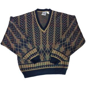 VTG Peter Jon Sweater Geometric Knit Multicolor V Neck 90s Coogi Style